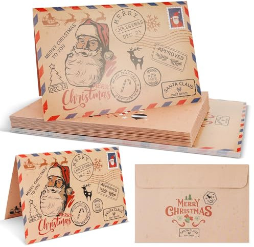 20 Stück Weihnachtskarten mit Umschlag Set, Klappkarten für Weihnachten Santa Claus Motiv Karte Weihnachten für die schönsten Weihnachtsgrüße - Frohe Weihnachten