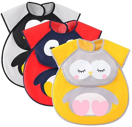 ACMEDE 3 Stück Baby Ärmelloses Lätzchen Set Wasserdichte Ärmellätzchen mit Auffangschale Niedliche Cartoon-Form Abwaschbar Fütterlätzchen Auslaufsichere Lätzchen für Baby Jungen Mädchen 1-5 Jahre