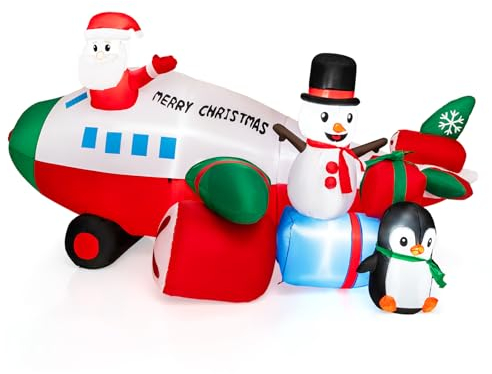 COSTWAY Aufblasbarer Weihnachtsmann im Hubschrauber, LED Weihnachtsdekoration mit Schneemann und Pinguin, Winterdekoration aufblasbar draußen, Weihnachten Deko für Hof, Garten und Rasen