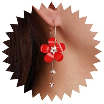 Atentuyi Boho Resina Grande Rosa Roja Flor Colgante Pendientes De Oro Cristal Acrílico Flor Aro Pendientes Grandes Pendientes Florales Cz Borla Pendientes 5 Hojas Pétalos Pendientes Joyas