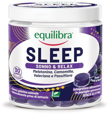 Equilibra Integratori Alimentari Sleep, Pastiglie Gommose con Melatonina, Valeriana, Passiflora, Camomilla e Niacina, per Ridurre il Tempo per Prendere Sonno, Vegan, 30 gummies Gusto Frutti di Bosco