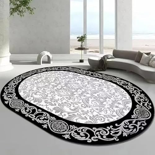 Teppich Oval Anti-Rutsch Home Office Esszimmer Wohnzimmer Schlafzimmer Küche Kurzflor Teppiche Weiße Schwarze SpitzeOval 70x120CM