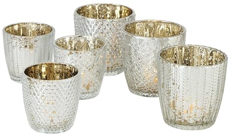 Seaside No.64 - Windlicht-Set 6 teilig aus Glas 7-9cm - Teelichthalter für Romantisches Ambiente - Kerzenständer mit 3 Designs in je 2 Größen - Retro Kristall Ornamente - (antiksilber, Gold, Set)