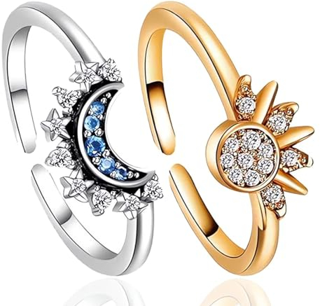 Sonne Mond Ring Verstellbar,Herz Ring Set Gold Damen Ringe,Matching Rings Freundschaftsringe Sonne und Mond Ring,Sun and Moon Ring Schmuck Dupes Ringe für Paare,Geschenke für Frauen