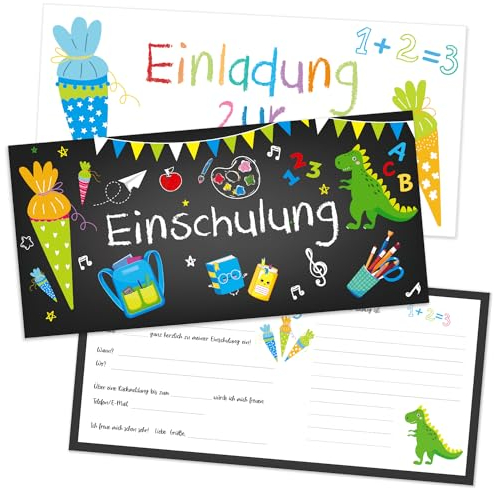 Capaneus 12pcs Einladungskarten Einschulung Dino, Einschulung Einladung Junge mit Umschlag, Einladungen zum Schulanfang mit Dino Motiv, Einladungskarten für Kinder zum Schulbeginn