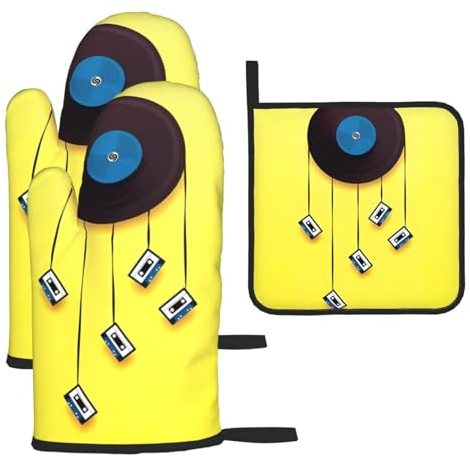 Vinyl Records and Tapes Oven Mitts and Potholders BBQ Gloves and Holders for Cooking Baking (3-Piece Set)
