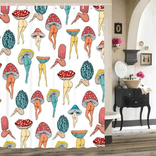 Inshere Funny Mushroom Duschvorhang für Badezimmer mit 12 Haken, Cute Pilze Retro 70S 80S Hippie Cool Groovy Duschvorhänge Set für Badezimmer Dekor 180x180 cm Wasserdichtes Gewebe
