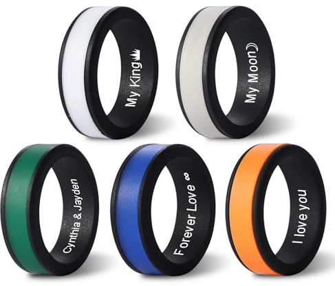 MeMeDIY Personalisierter Silikonring für Männer/Frauen Eingravierter Name/Symbol/Datum/Text Silikon-Paarringe Benutzerdefinierte Gummi-Eheringringe 5,7 mm/8 mm Breite -F