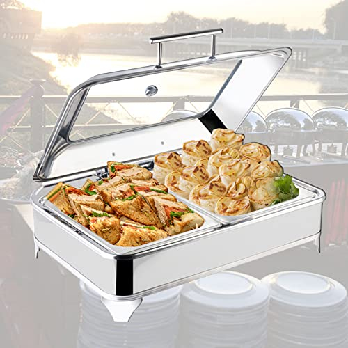 Electric Buffet Server and Warming Tray, 9L Stainless Steel Chafing Dishes with Clear Lids, 35℃-80℃ Adjustment, 1/2 or 1/3, 400W, Keep Food Warm All Day Long