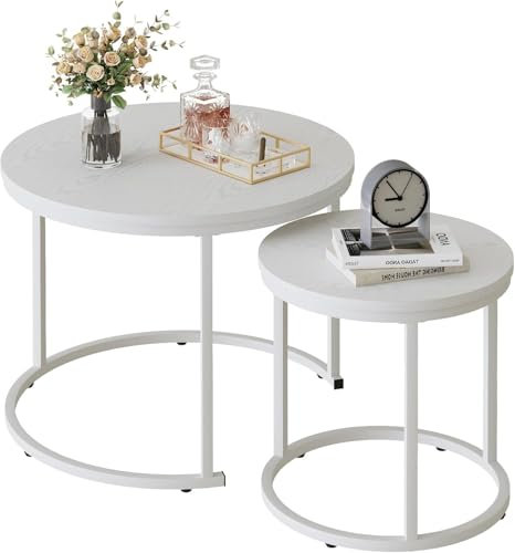 Huhote Round Coffee Tables, Set of 2 End Table, Nesting Tables, Side Table with Metal Frame for Living Room/Bedroom/Balcony/Office/Apartment, Diameter 23.6/15.7 IN (White Frame, White Top)