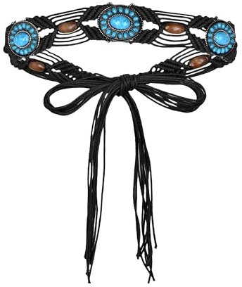 TeeYee Flechtgürtel Damen Boho Style Kleid Taillengürtel Quaste Gürtel Seil Geflecht Holzperlen Bund Bindegürtel Schmaler Gürtel Schwarz