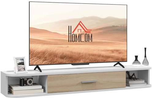 HOMCOM - Mueble para TV de pared (50 pulgadas, con 2 compartimentos abiertos y armario para puerta abatible, 120 x 26 x 16 cm, color blanco