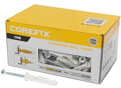 Corefix One Universal-Dübel und Schrauben, 100 Stück, mittlere Beanspruchung (60 kg in Mauerwerk), Wandbefestigung, geeignet für alle Wandtypen. Perfekt für die Montage von Regalen, zum Aufhängen von