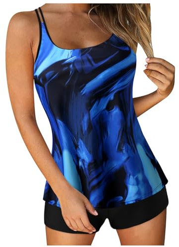 Tankini Damen 3 teilig Push up Badeanzug Zweiteiliger bademode Bikinihose fischgrätmuster bauchweg Neckholder Bademoden Grosse groessen gr 50