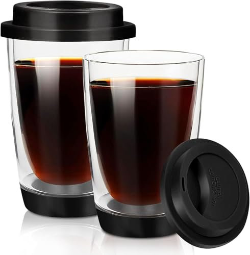 Lot de 2 verres à latte macchiato à double paroi - 360 ml - Verres thermiques avec couvercle - Double paroi - Verres à cappuccino - Verres à thé