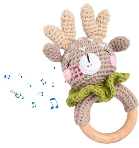 Holz Greifling Baby Rassel, Elch Gehäkelte Holz Greifling Spielzeug, Baby mit Sound Handmade Rassel für Neugeborenes, Babyrassel Holzspielzeug Beißring für Mädchen und Junge