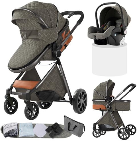Doraystar Kinderwagen 3 in 1, Kombikinderwagen 3 in 1 mit Zwei Umkehrbaren Schiebemodi, Kinderwagen Set mit Ein-Klick-Faltdesign, Kinderwagen Komplettset Rahmen Aluminiumlegierung (V9 Deep Grey)