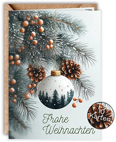 HIDEBLOOM Weihnachtskarten mit Umschlag Set Weihachtskugeln - 10 Stück - DIN A6 (10,5 cm x 14,8 cm) - Weihnachtskarten Set - Klappkarte mit Umschlägen Weihnachtskugeln