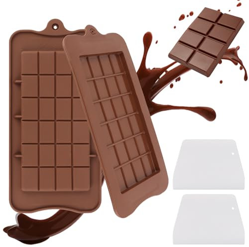TNOMSNO 2PCS Molde Chocolate, Molde Turron Moldes para Barra de Chocolate Profundos de Silicona y 2 Rascadores, Molde de Chocolate Profundo para Bombones, Pralinés