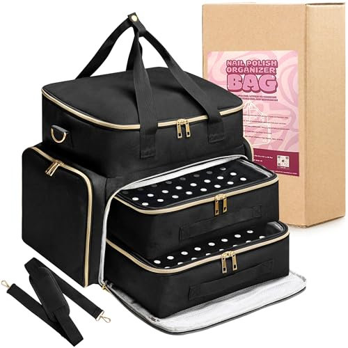 DERSTUEWE Nail Polish Organizer Case Holds 96 Bottles & Nail Lamp, Waterproof Nail Polish Organizer Bag with Double Layers, Durable Polyester Nail Polish Storage Organizer for Travel & Home Use, Black