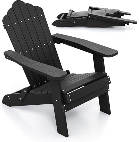 COSTWAY Adirondack Stuhl klappbar, wetterfester Adirondack Chair aus Kunststoff, Gartensessel mit hoher Rückenlehne & Breiten Armlehnen für Garten, Terrasse, 180 kg Tragfähigkeit (Schwarz)