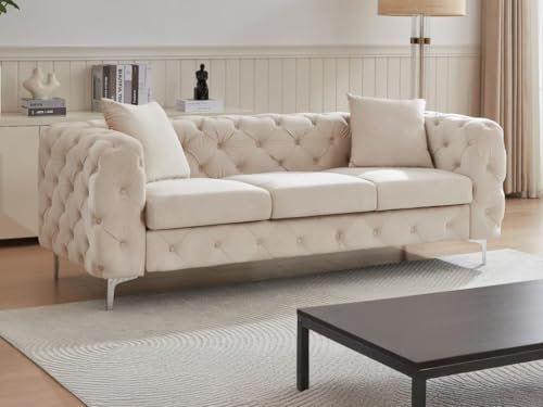Vente-unique-Chesterfield-Sofa 3-Sitzer - Samt - Beige - Edwina