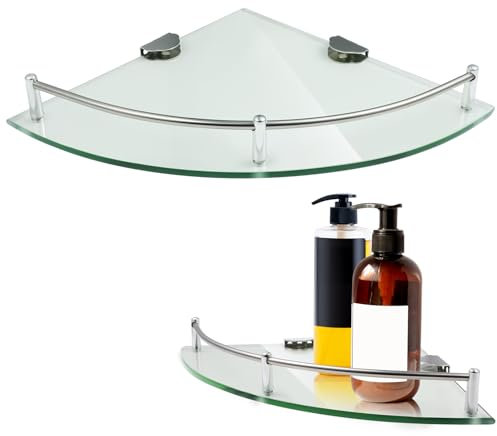 Amosfun 2pcs Glass Corner Shelf, 24x24cm Wall Mounted Glass Shower Shelves with Rail, Space-Saving Gel and Shampoo Storage Holder for Shower, Bathroom