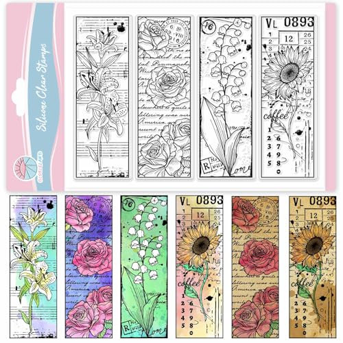 GLOBLELAND Vintage Blumen Lesezeichen Transparente Stempel für Scrapbooking Lilien Rose SonnenBlumen Klare Stamps Maiglöckchen Silikonstempel Für Kartengestaltung DIY Prägung Journaling