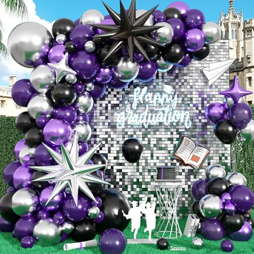 Violett-schwarzes Ballonbogen-Set, schwarze, violette, silberne Luftballons, Girlandenbogen-Set, silberfarbene Stern-Folienballons für Geburtstag, Babyparty, Party, Hochzeit, Junggesellinnenabschied
