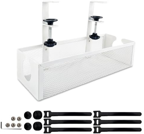 VELLUSTRA Bandeja Organizador Gestión Cables Escritorio sin Perforación, Recoge Cables Mesa Escritorio para Hogar y Oficina (Blanco) Bandeja de Cables Debajo de la Mesa Retráctil