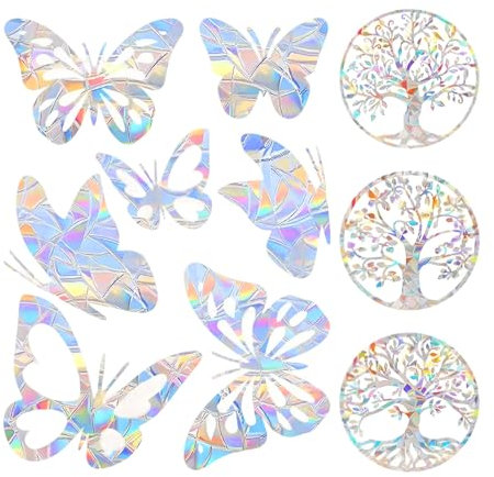 28 Stück Sonnenfänger Aufkleber Suncatcher Sticker Regenbogen Fenster Sticker Schmetterling Rund Baum des Lebens Prismen Fensteraufkleber für Vogelschläge