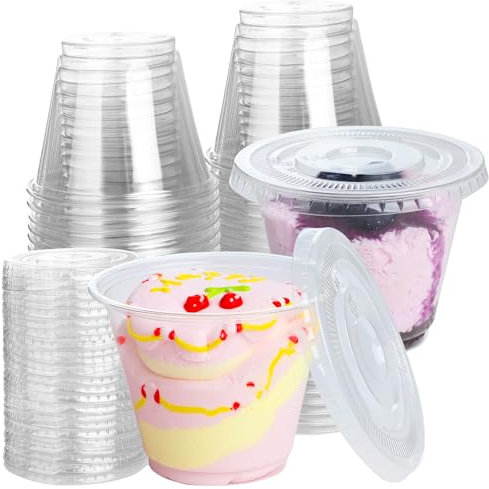 Lekeeu 50Pcs Plastic Dessert Cups with Flat Lids 270ml/10oz Round Dessert Cup with Lids No Hole Reusable Mini Clear Serving Bowl for Pudding Mousse Ice Cream School Party Wedding