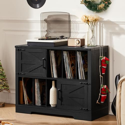 LELELINKY Plattenspieler Schrank mit Schallplattenregal für 300 Alben | 100 cm breit, 6 offene Fächer, 2 Türen, viel Stauraum für Vinyl und Zubehör, für Wohnzimmer & Musikzimmer,Schwarz
