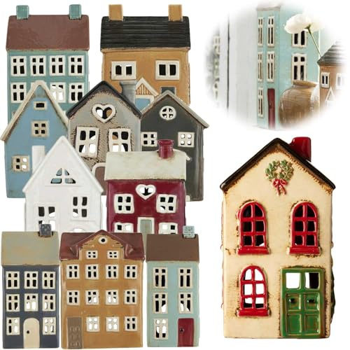 LS-LebenStil Teelichthaus Lichthaus 19cm Beige Rot Keramik Fachwerkhaus Nyhavn Teelichthalter Windlichthalter Kerzenständer Teelichtständer Windlicht für Teelichter Lichterhaus Fachwerkhaus