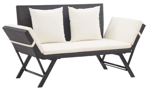 Zeehear Gartenbank mit Kissen Schwarz, 176 cm Poly Rattan, 2-in-1 verstellbares Tagesbett, wetterfest für Terrasse, Balkon, Garten