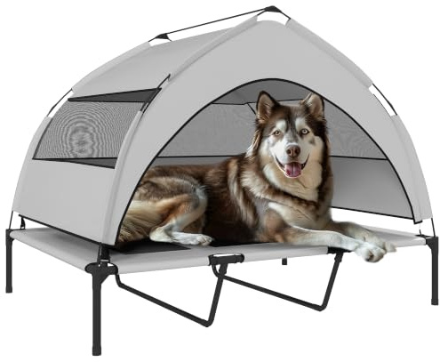 PawHut Hundeliege Outdoor mit Dach Erhöhtes für Hunde 122x92x94cm Hellgrau | für extra große Hunde, Kühlende Haustierliege mit Stahlrahmen, Aufbewahrungstasche, Haustierbett für Draußen Camping