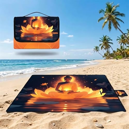 Groß Picknickdecke 200x300 cm, Outdoor Picnic Blanket Wasserdicht & Sandfest Stranddecke Zen, Campingdecke mit Verstärkter PVC-Rückseite, XXL Strandmatte Faltbar für Park,Strand,Garten-Lotus UZ-561