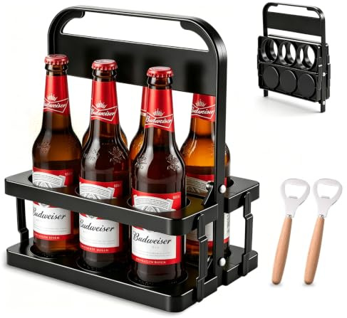 APLOS Flaschenträger 6 Flaschen Kunststoff mit 2 Flaschenöffner aus Holz | Faltbarer Flaschenkorb, Wiederverwendbar Bierträger, Getränkekorb, Getränketräger - Praktisches Gadget für Deine Party
