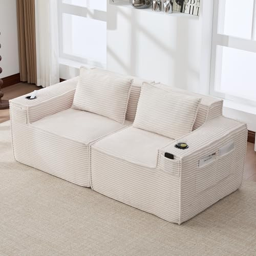 2-Sitzer Cord-Sofa mit beidseitigen Getränkehaltern & Armlehnen-Taschen (für Smartphone, Fernbedienung, Brille), 2 große Seitentaschen – hochdichter Schaumstoff, orthopädische Rückenkissen, Beige