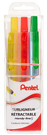Pentel SXS15 Handy-Line S Textmarker, einziehbar und nachfüllbar, Spitze, die nicht trocknet – 3 Stück Gelb, Grün, Orange