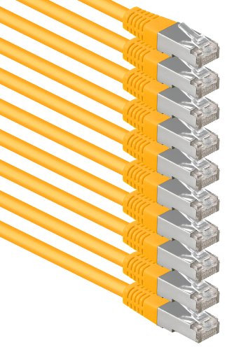 1aTTack.de® 10m - amarillo - 10 Piezas - CAT6 CAT 6 Ethernet LAN cable de red SET 1000 Mbit/s CAT6 Doble blindado PIMF 250MHz libre de halógenos compatible con CAT5e CAT6a CAT7 CAT8