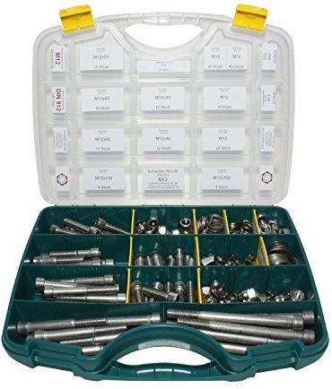 246-teiliges Set M12 Edelstahl Zylinderschrauben mit Innensechskant (DIN 912), Sortimentskasten inklusive Unterlegscheiben (DIN 125/127 / 9021) und Muttern (DIN 315/934 / 985/1587), Material A2 / V2A