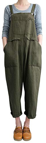 Gihuo Women's Linen Overalls Loose Fit Baggy Bib Overalls Wide Leg Jumpsuit (Army Green, Small)