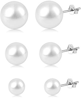 3 Paare ohrstecker perlen silber 925 perlen ohrringe damen Ohrhänger für Frauen Weiß Süßwasserperlen Ohrschmuck 6mm/8mm/10mm.
