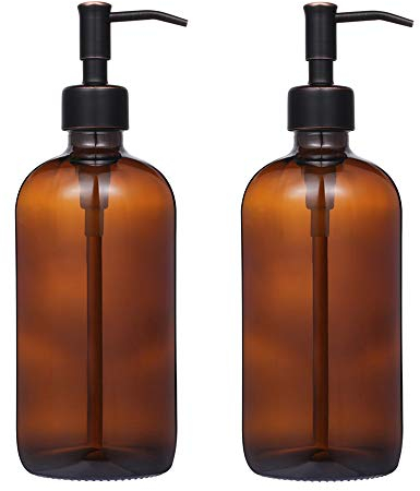 2 Stück dickes, bernsteinfarbenes Glas Pint Jar Seifenspender mit ölgeriebener Bronze-Edelstahlpumpe, 473 ml, Boston runde Flaschenspender mit rostfreier Pumpe für ätherisches Öl, Lotionseife