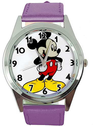 TAPORT® Armbanduhr Analog Quarz mit Echtlederband violett rund für Fan von Mickey Mouse