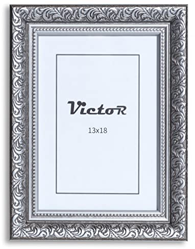 VictoR Vintage Bilderrahmen „Rubens“ in 13x18 cm Schwarz Silber - Leiste: 30x20mm - Echtglas - Fotorahmen Barock - Antik - Bilderrahmen 13x18 Schwarz