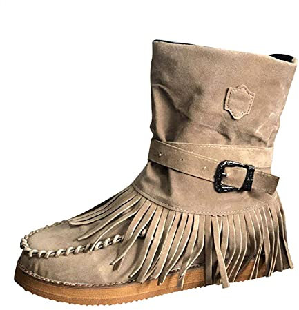 Stivali Stivaletti Donna Scarpe da Donna Stivaletti con Frange da Donna Stivaletti Bassi Stile retrò Romano Tinta Unita con Nappine (38 EU,Marrone)