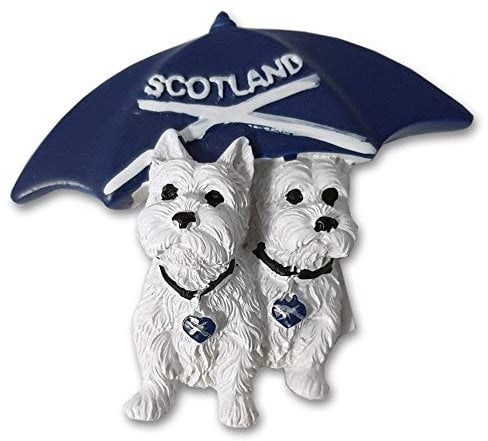 Scottish Themed Fridge Magnet Saltire Umbrella With Two Westie Dogs Souvenir Gift From Scotland West Highland Terrier