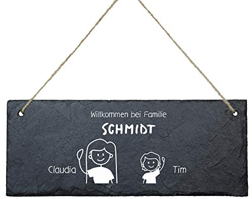 Geschenke 24 Schiefertafel Willkommen im Comic Stil (2 Figuren) - Türschild Familie Eingangstür Haustür - Schiefertafel mit Gravur - Schieferplatte personalisiert, Wanddeko